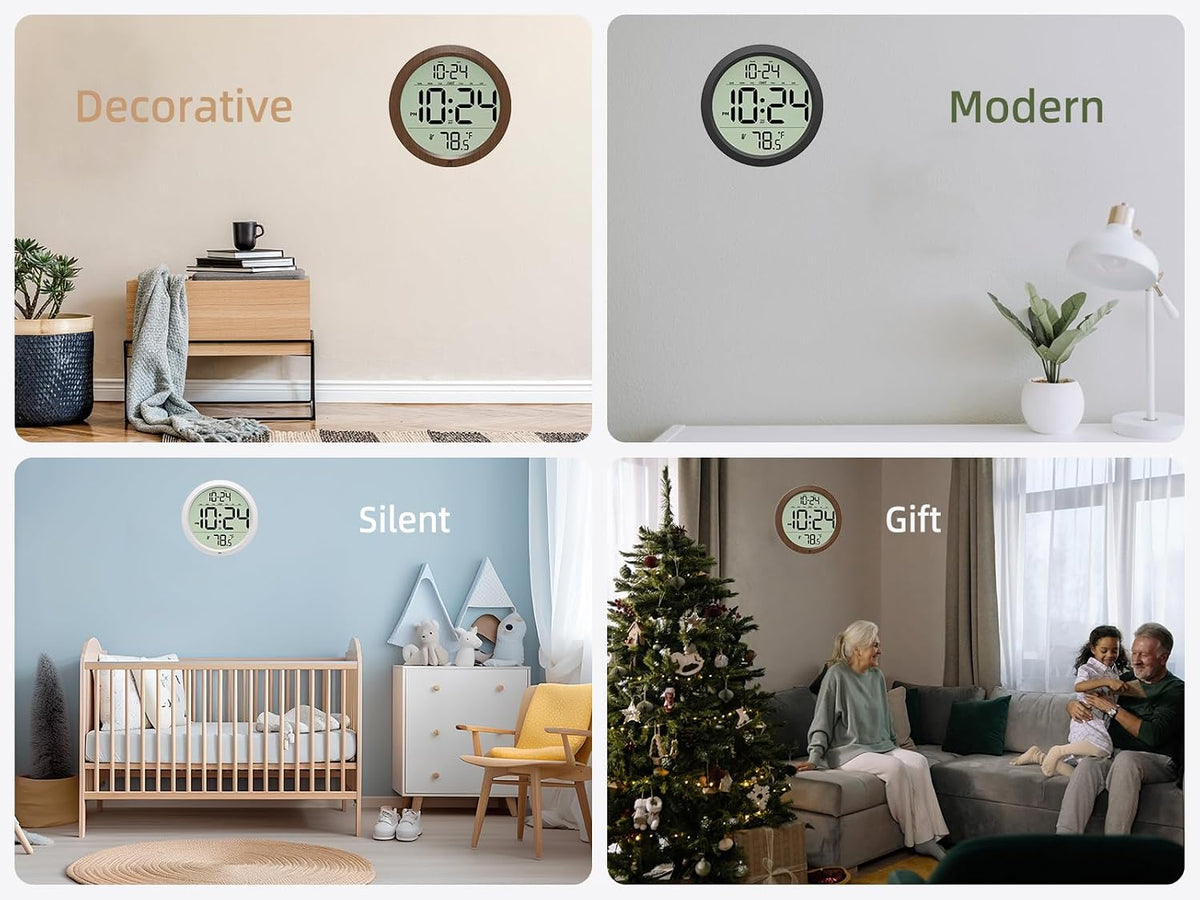 Digital Wall Clock Battery-Operated, 8 Inch Small Decorative Modern Wood Wall Clock with Date, Temperature, Auto-DST