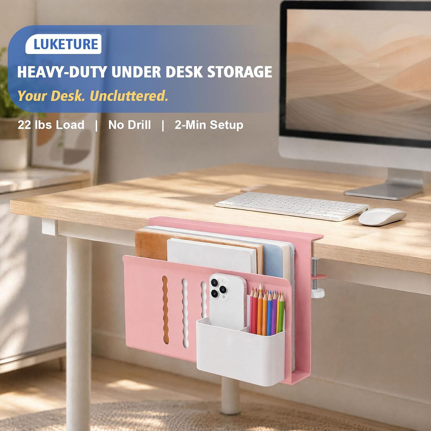 LUKETURE Desk Side Storage, 2 Tie Laptop Holder No Drill Clamp On Organizer | Sturdy Steel Double Tier Strong, Magnetic
