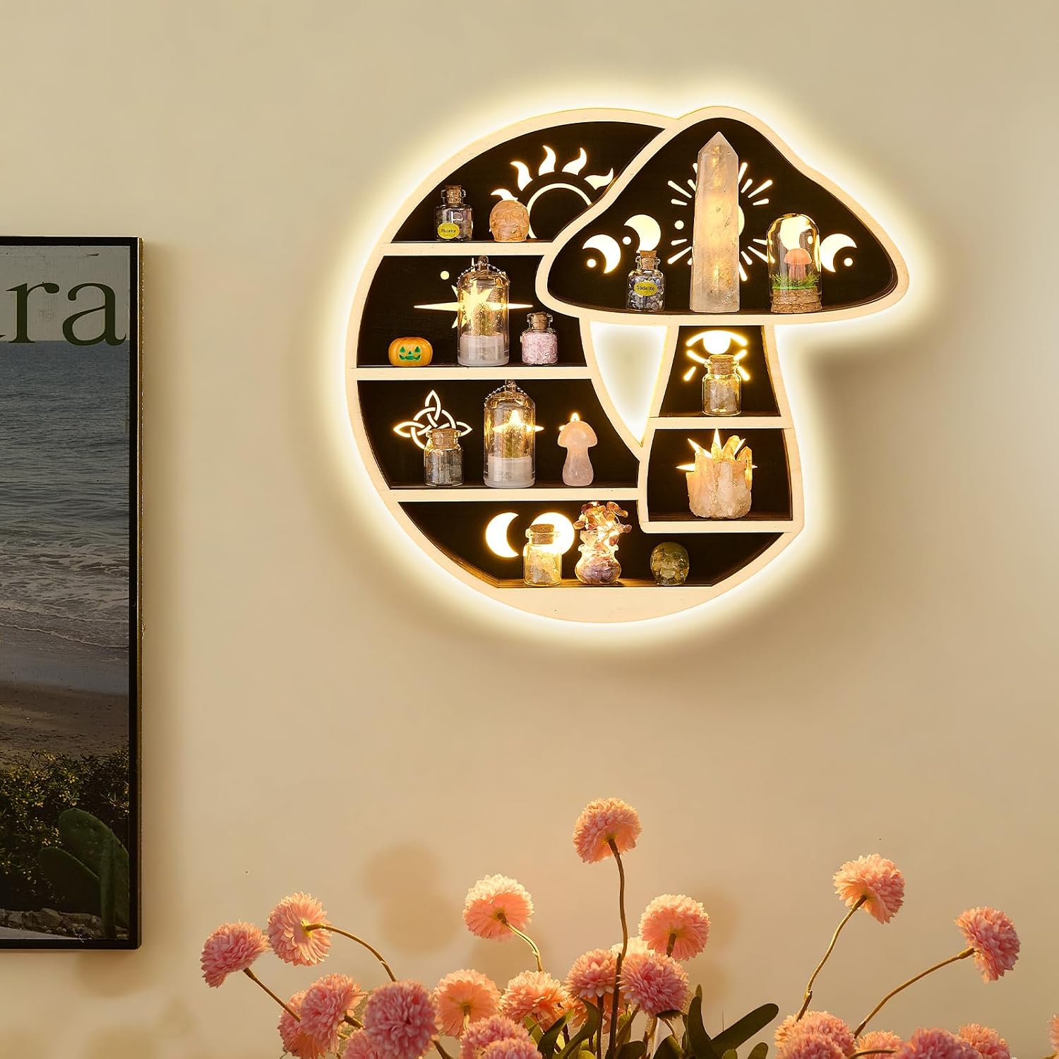LED Light / Wooden Mushroom Shelf for Crystals Rocks Gems Healing Stones / Mushroom & Moon with Led