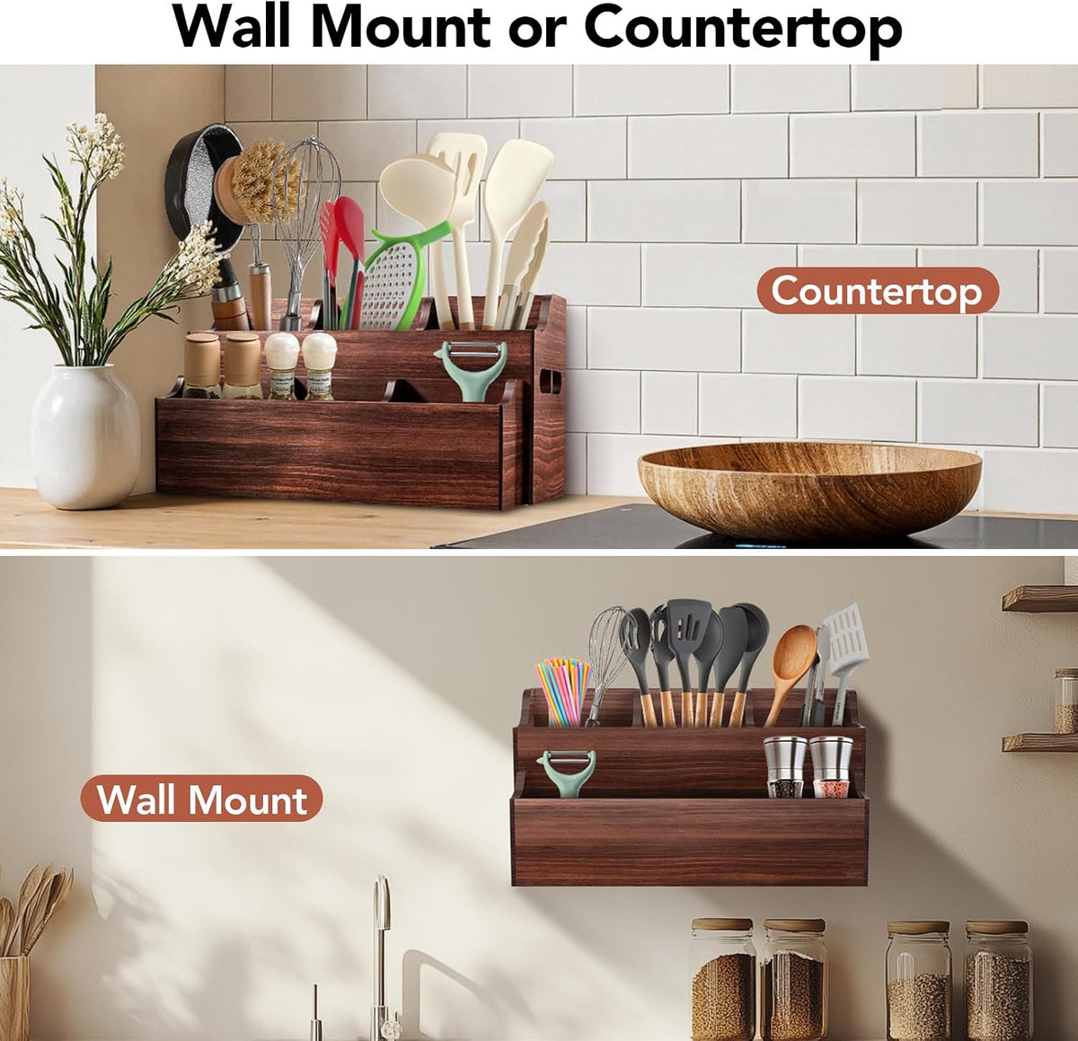 Kitchen Utensil Holder for Countertop, Large Wooden Utensil Organizer | 6 Compartments for Storage Cooking Utensils &