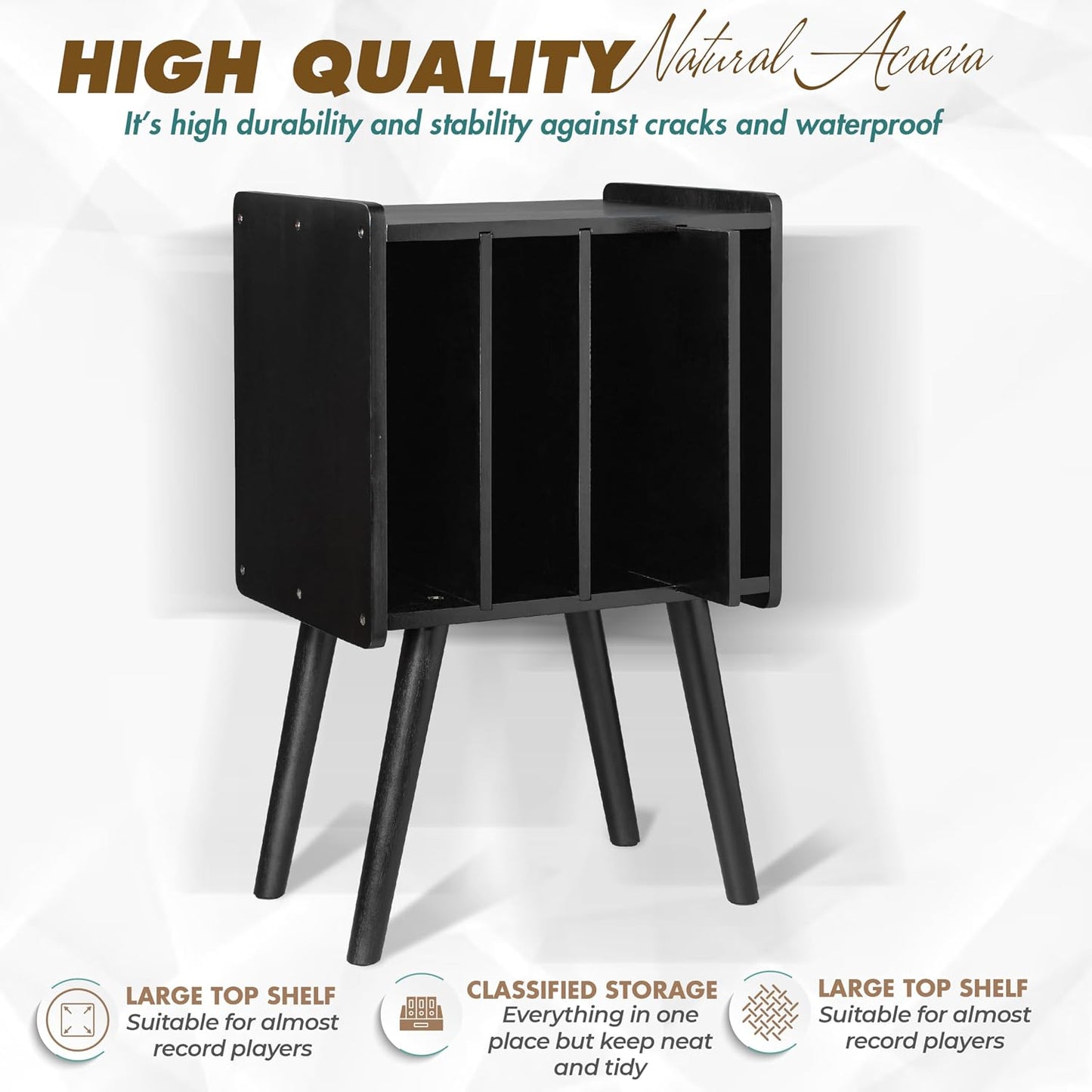 2BHOME Wooden LP Record Player Stand with 4 Cabinets, Holds up to 100 Vinyls, Metal Record Storage Holder and Organizer