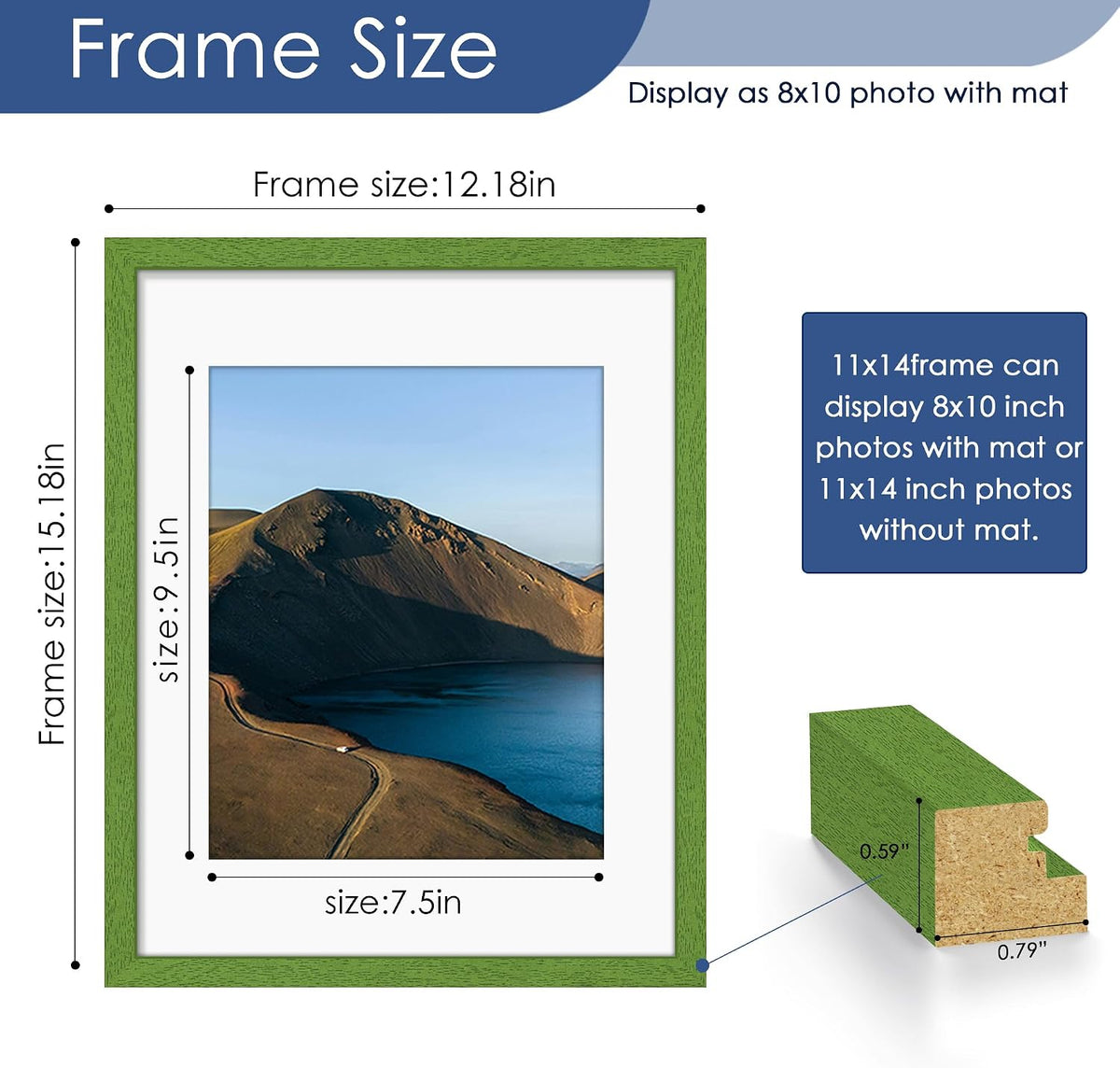 11x14 Picture Frame Set of 6, Wall or Tabletop Display, Green | Display Pictures 8x10 with Mat or 11x14 Without Mat