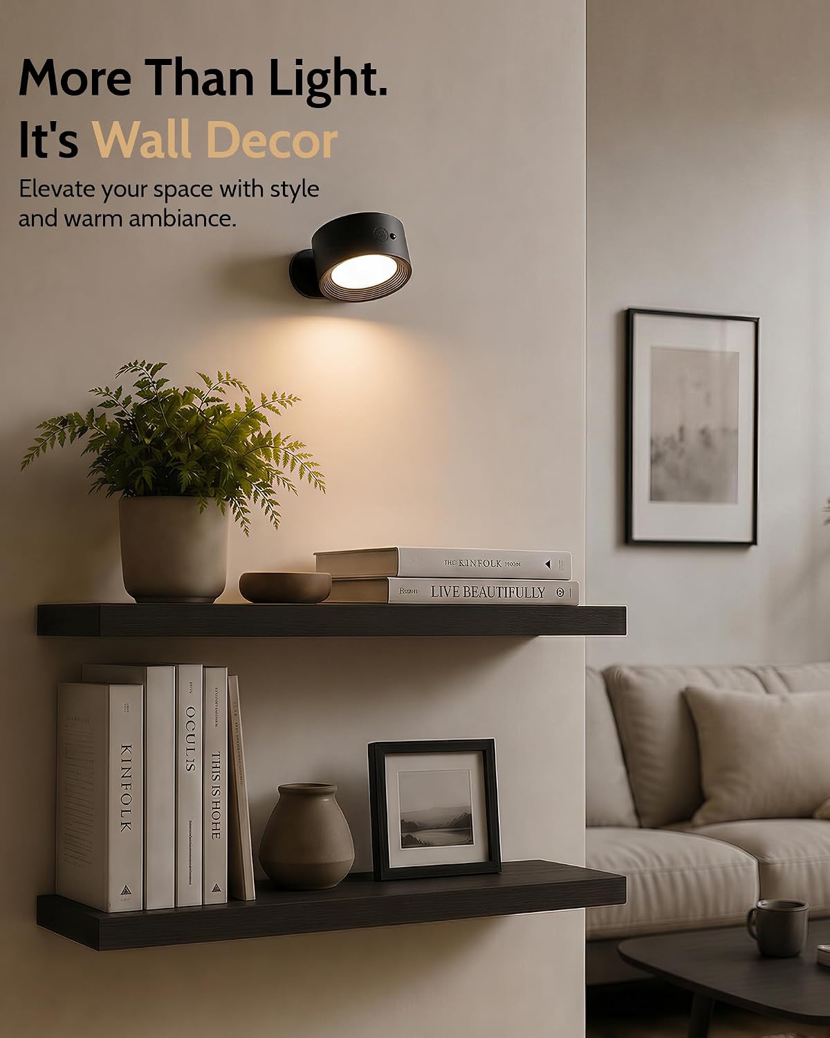 LED Wall Mounted Lights, Rechargeable Wall Sconces, 3 Color Temps, Remote & Touch, 360° Rotating and Dimmable for