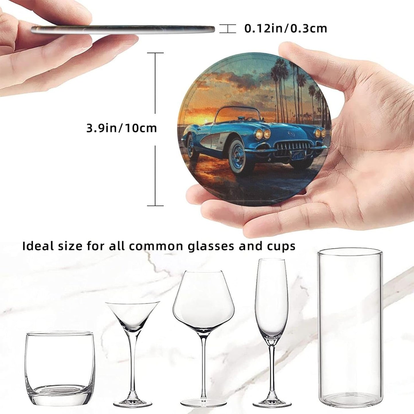 Holder Round Leather Coasters Cups Mugs Mat Pad / Car Print / Set of 6