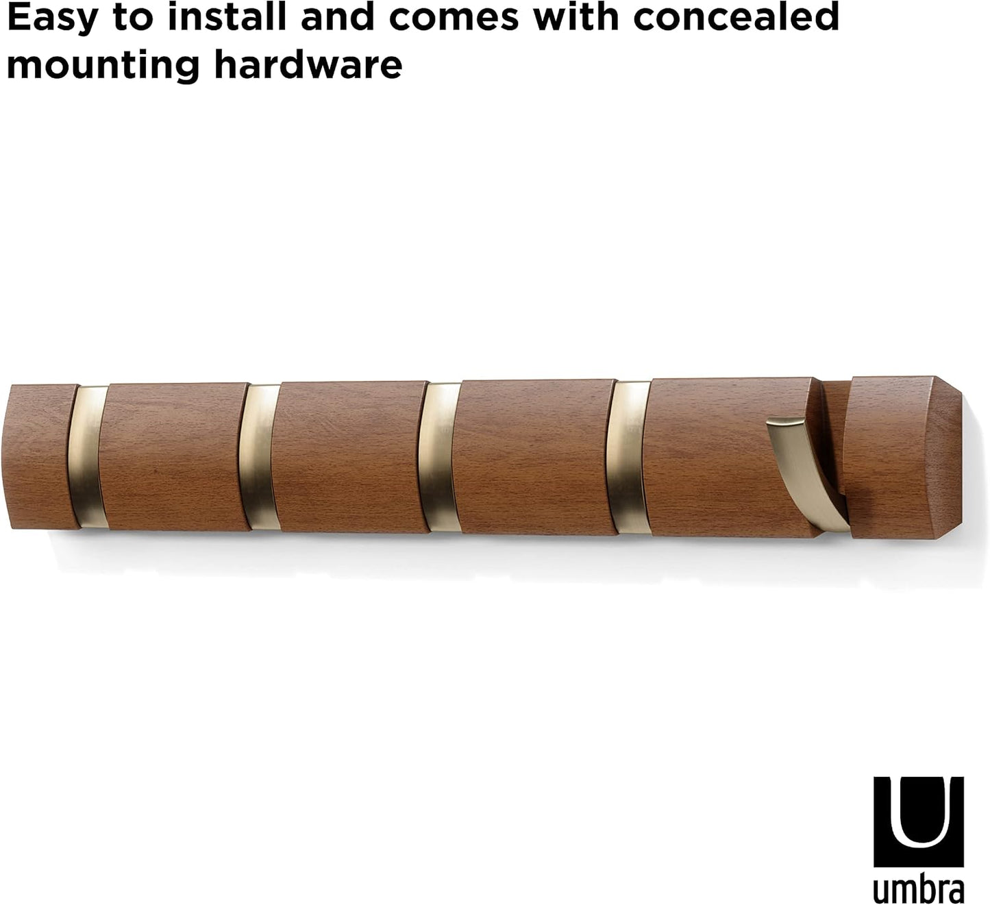 Umbra Flip Coat Rack, Wall Mounted 5-Hook Space Saving, Walnut/Gold | Real wood and steel build, retractable hooks fold