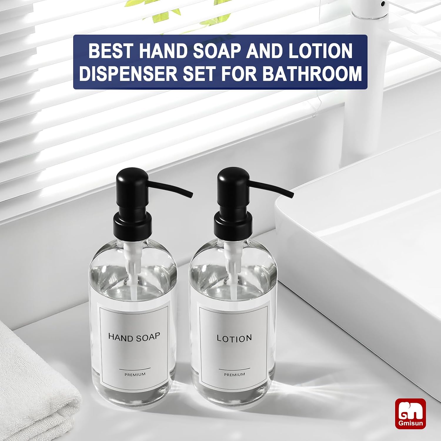 GMISUN Glass Soap Dispenser with Pump, 2 Pack Clear Bathroom Hand Soap Dispenser with Stainless Steel Pump, 17 Fl Oz