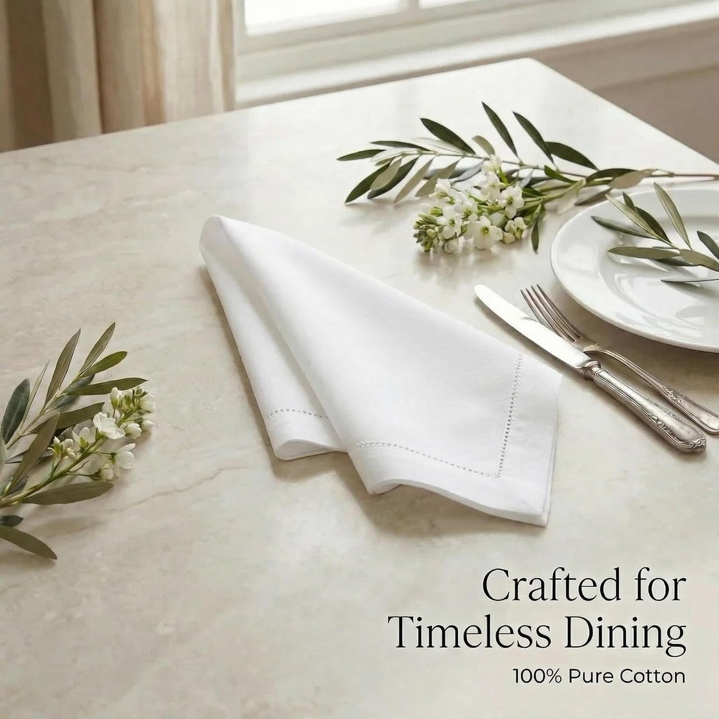 Urban Villa Cloth Napkins White Hemstitch Dinner Napkins Set of 12 (20X20) 100% Cotton Absorbent Washable Durable
