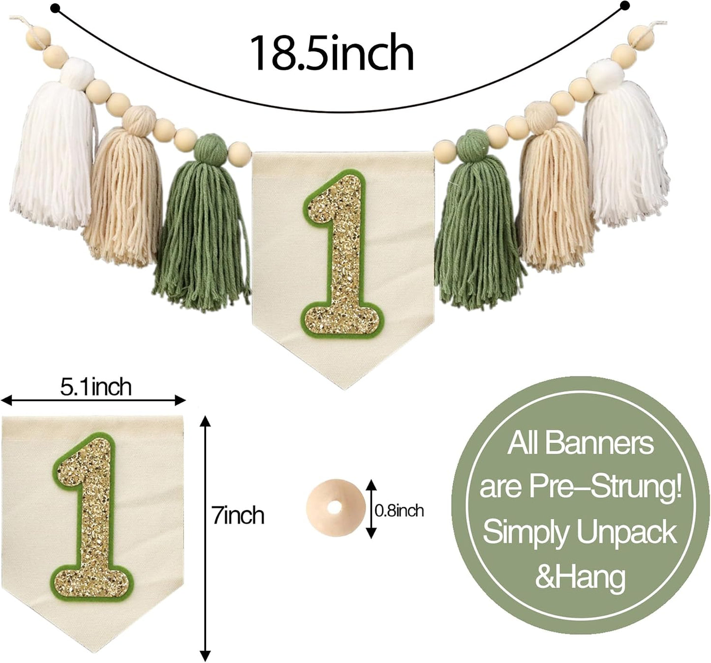 Wild One 1st Highchair Banner Handmade Wood Bead Tassel Garland Birthday Party / Green White
