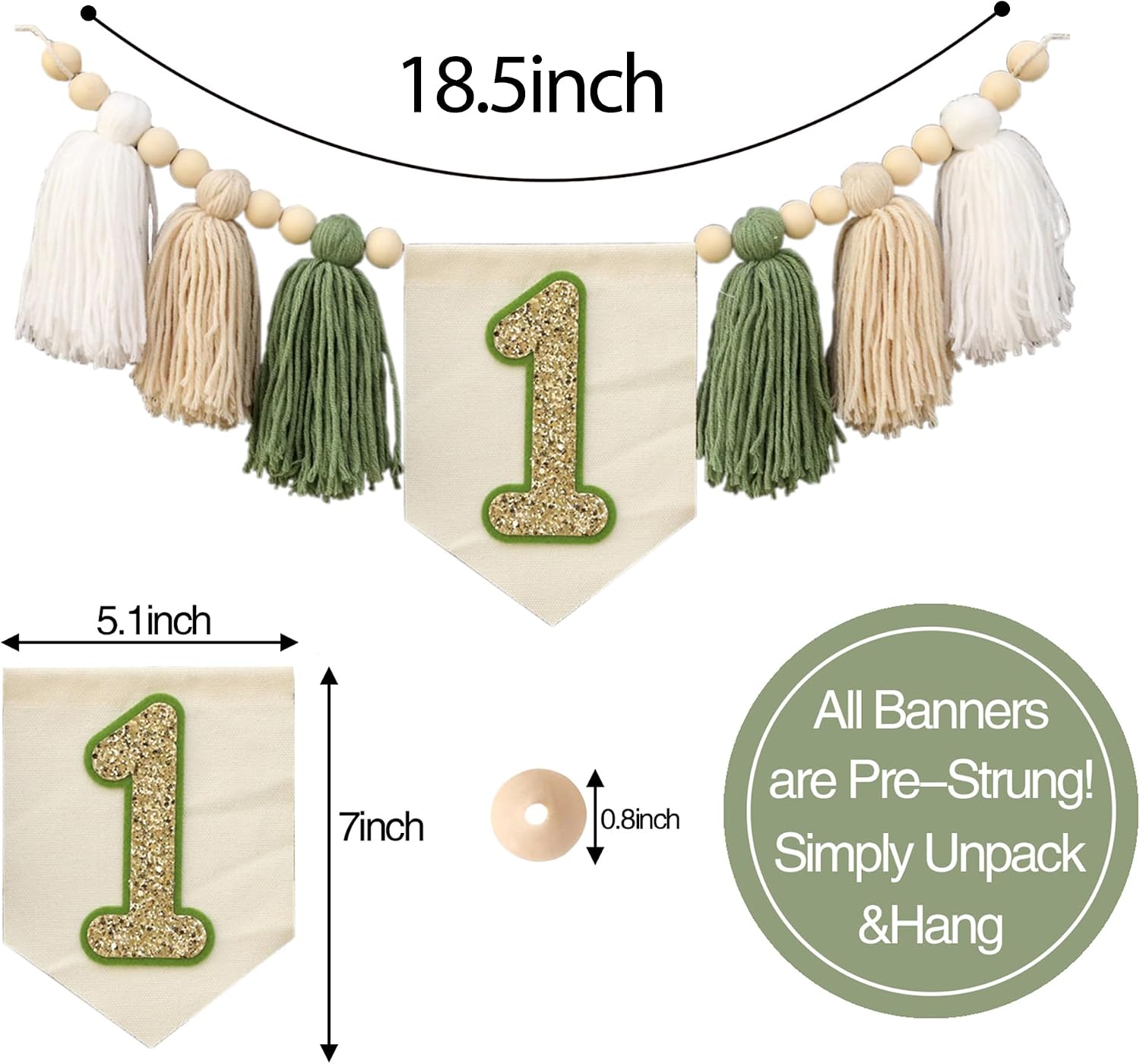 Wild One 1st Highchair Banner Handmade Wood Bead Tassel Garland Birthday Party / Green White