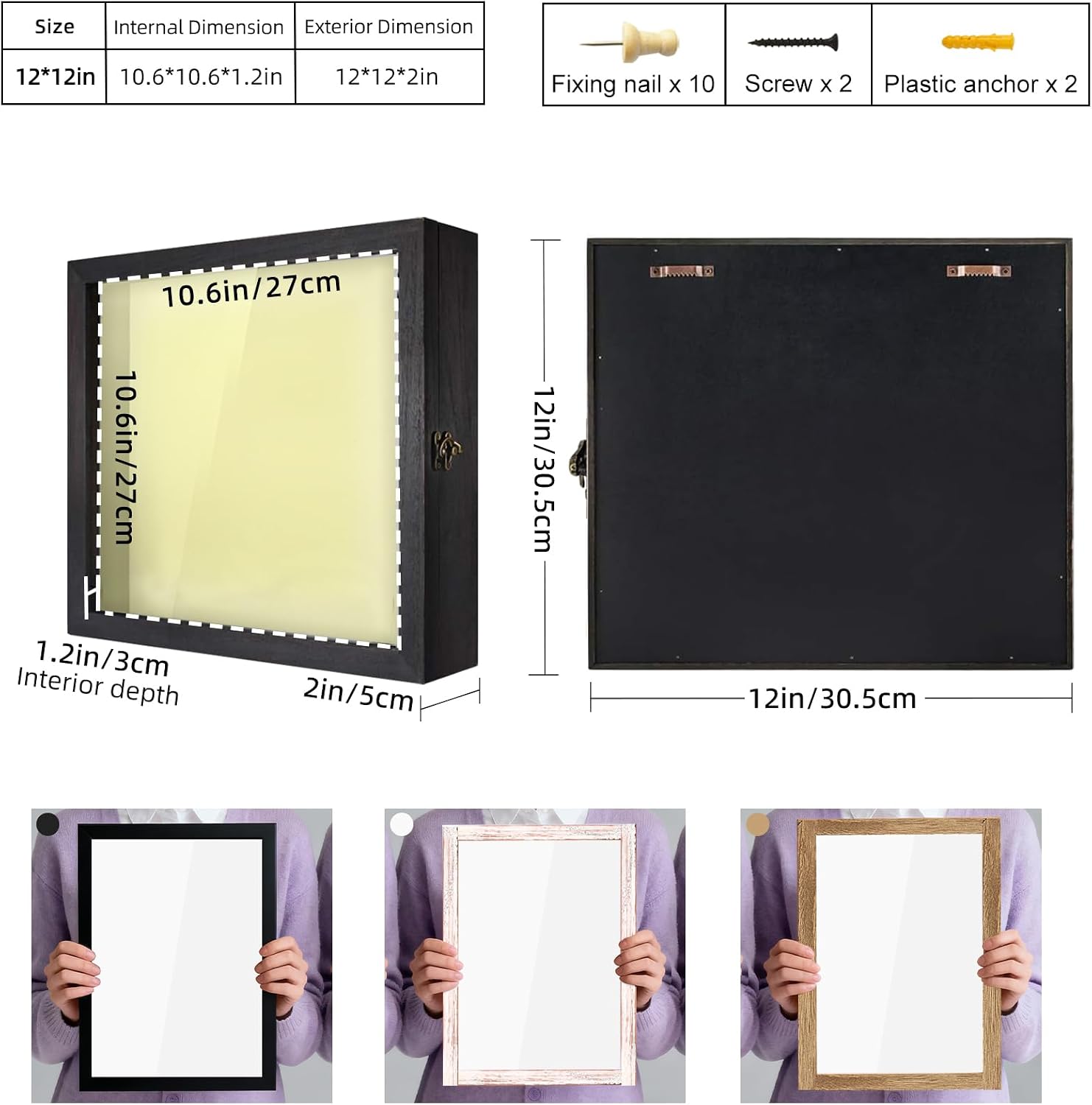 TJ.MOREE Shadow Box 12 x 12 Display Case Wood Picture Frame Memory Black | Fits 10.6x10.6 Inserts with Linen Back &