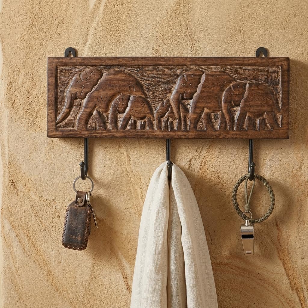 Wooden Cloth Hook Coat Rack Wall Mount 3 Hooks / Elephant