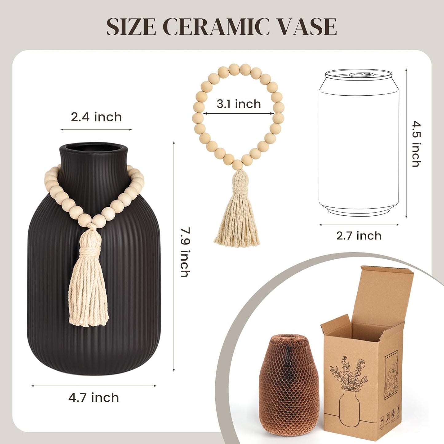 Ceramic Vase / Tall Boho Ribbed Vase / Black / 7.9 Inch