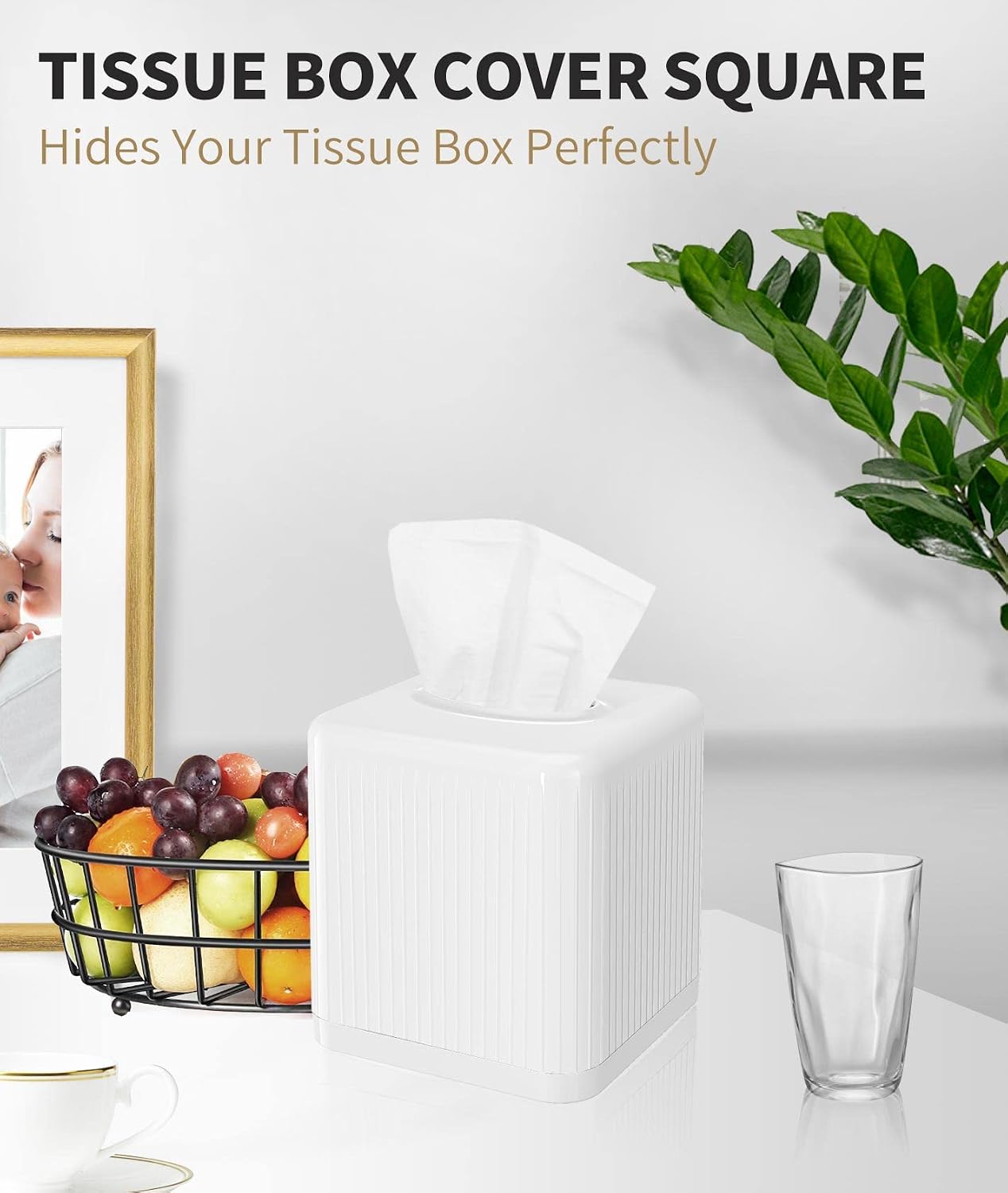 Square Plastic Tissue Box Holder Decorative Tissue Cover Modern Cube Facial Tissue / White