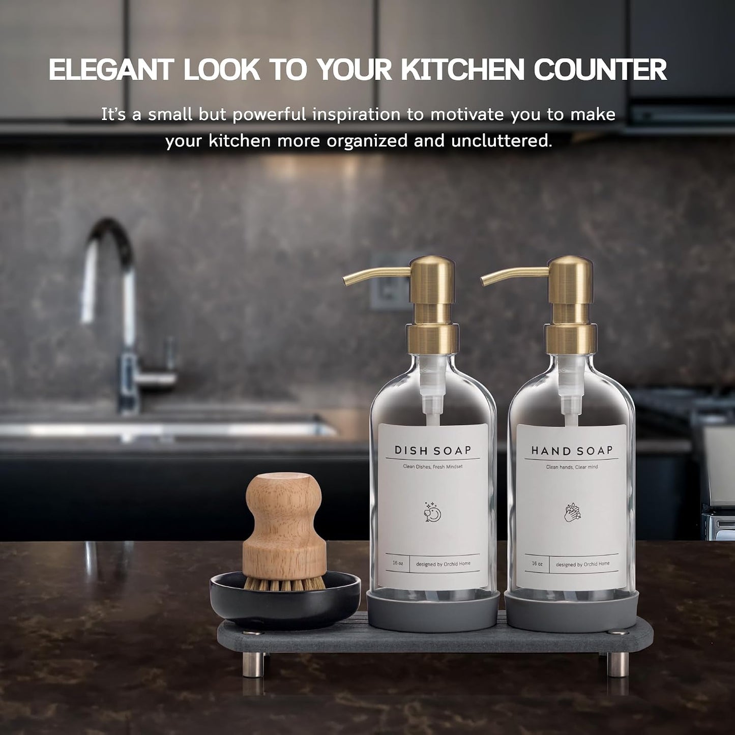 [Luxury] Kitchen Soap Dispenser Set - 16OZ Clear Glass Bottle, Stainless Steel Pump, Instant Dry Tray, Waterproof