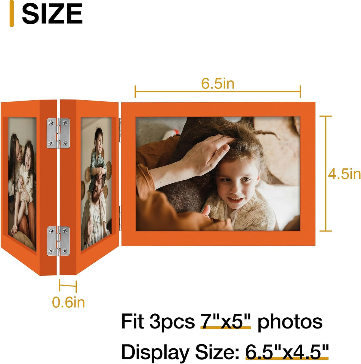 decorUhome Orange Triple 7x5 Picture Frame Horizontal, MDOR08 | "Z" Shape Folding Design Engineered Wood Trifold Photo