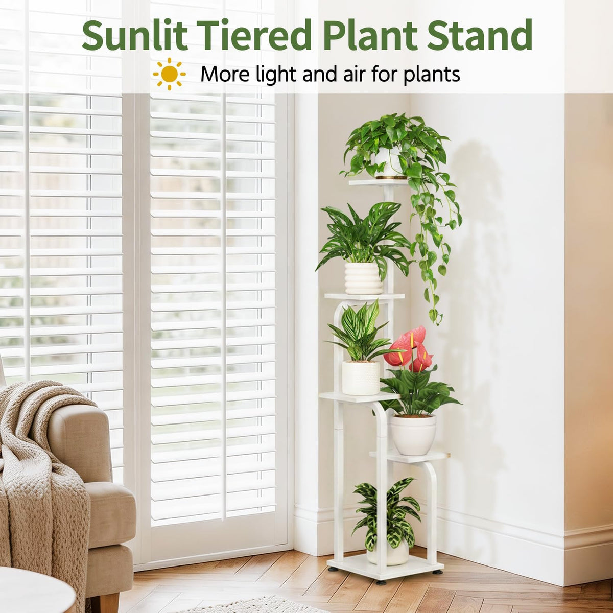 LASZOLA Plant Stand Shelf Tall for Indoor Corner Flower Rack, 5 Tier White | Modern Multiple Display with Wooden Tray