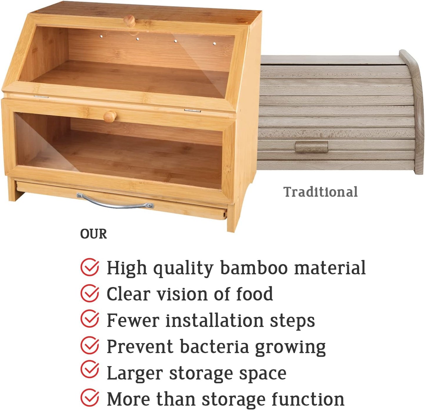 MAISONPEX Double Layer Bamboo Bread Box for Kitchen Countertop, Cutting Board, and Stainless Steel Bread Knife, Large