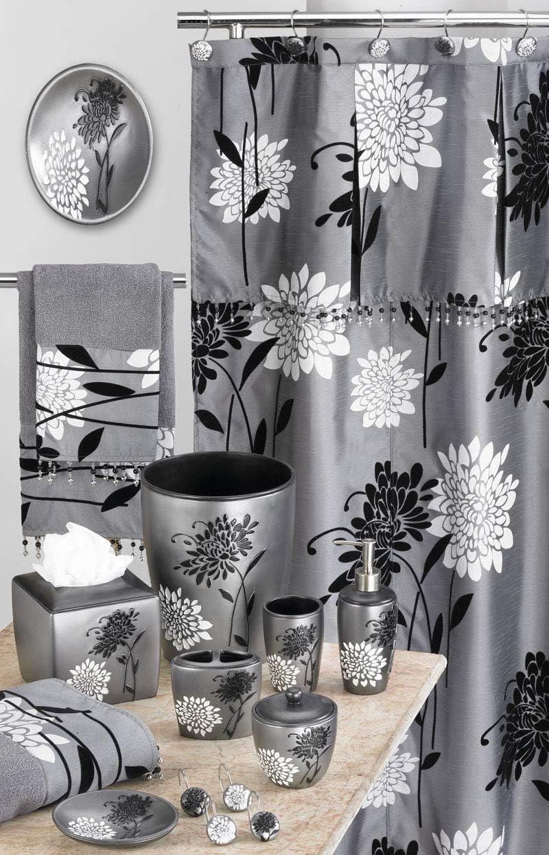 Zahari Home 13pc Erica Bathroom Fabric Shower Curtain Sets Bathroom Shower Curtain & 12 Shower Bathroom Hooks Modern