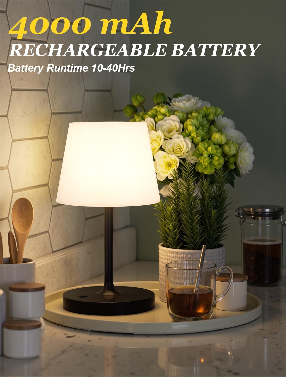 Shower Lamp IP54 Waterproof, Cordless Rechargeable Table Lamp, Outdoor Use | 4000mAh Battery Operated, Dimmable Touch
