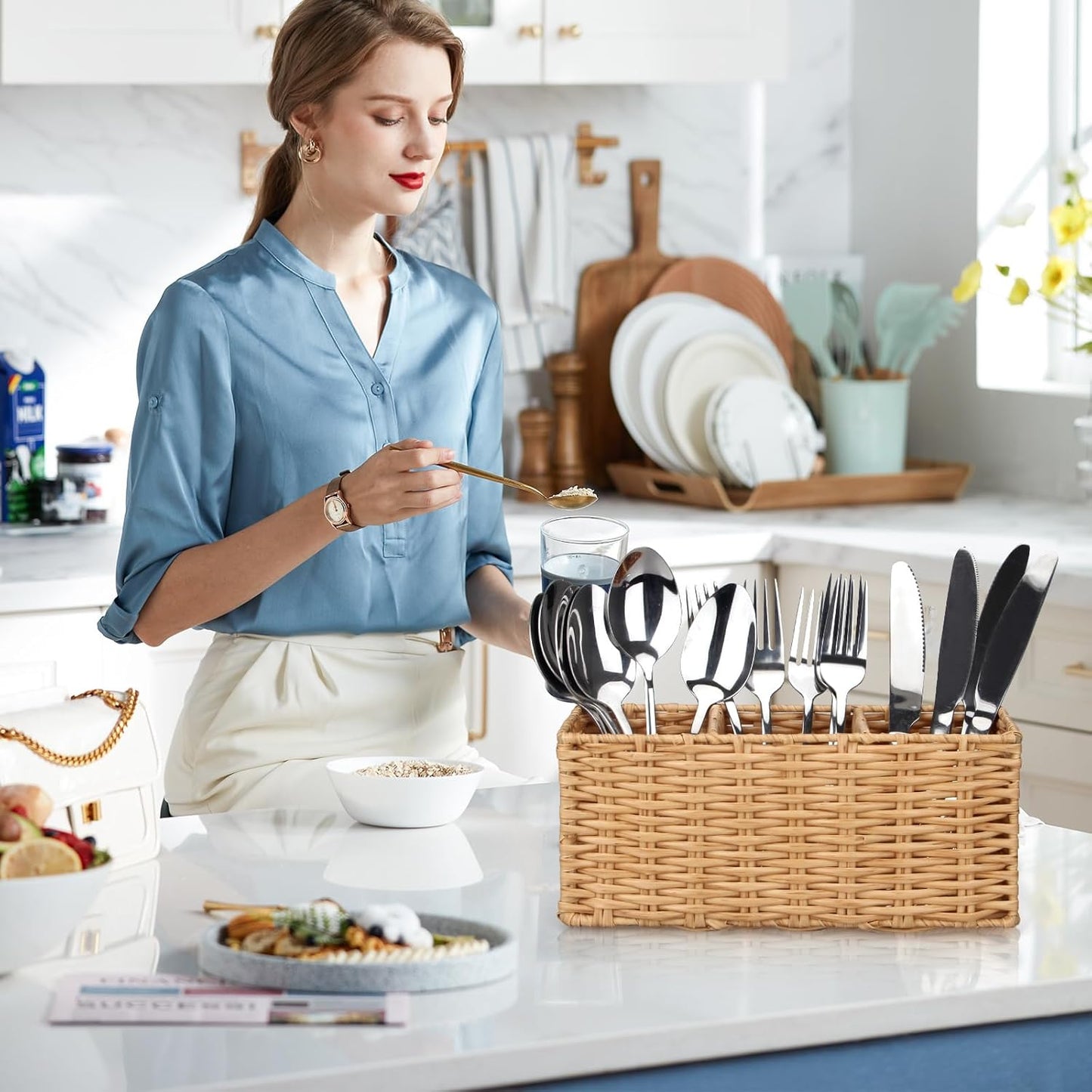 Wicker Flatware Silverware Caddy Cutlery Holder Kitchen Silverware / 9.5"lx4"hx3.3"w / Natural