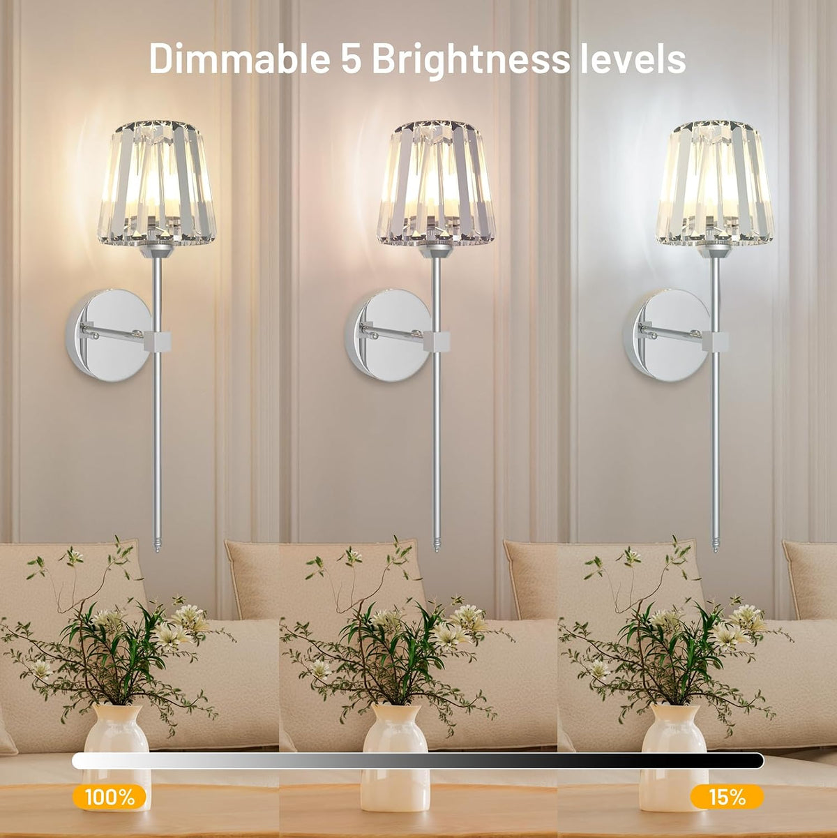 Crystal Battery Operated Wall Sconces Set of 2, Chrome Rechargeable Wireless Wall Lights with Crystal Lampshade, 12 RGB