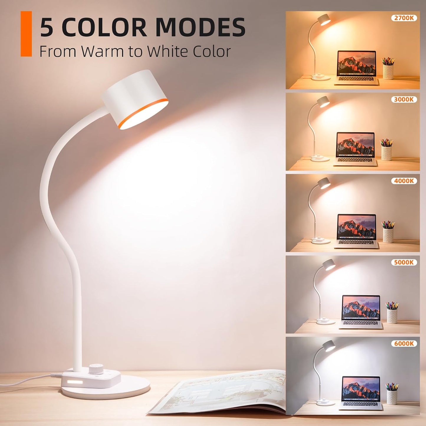 LiFMIRA LED Desk Lamp, 1200LM for Home Office,5 Colors Fully Dimmable White | Reading Lamp with USB C + A Charging