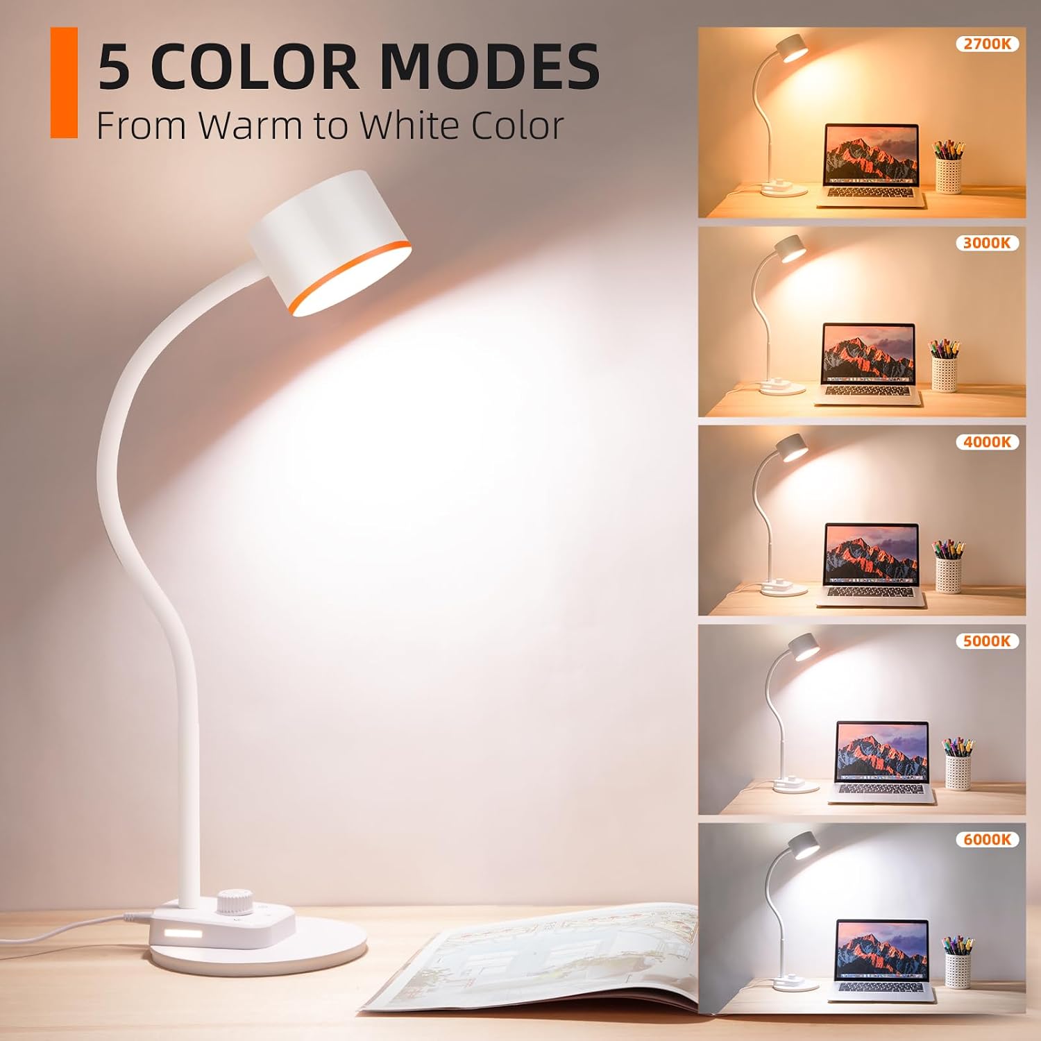 LiFMIRA LED Desk Lamp, 1200LM for Home Office,5 Colors Fully Dimmable White | Reading Lamp with USB C + A Charging