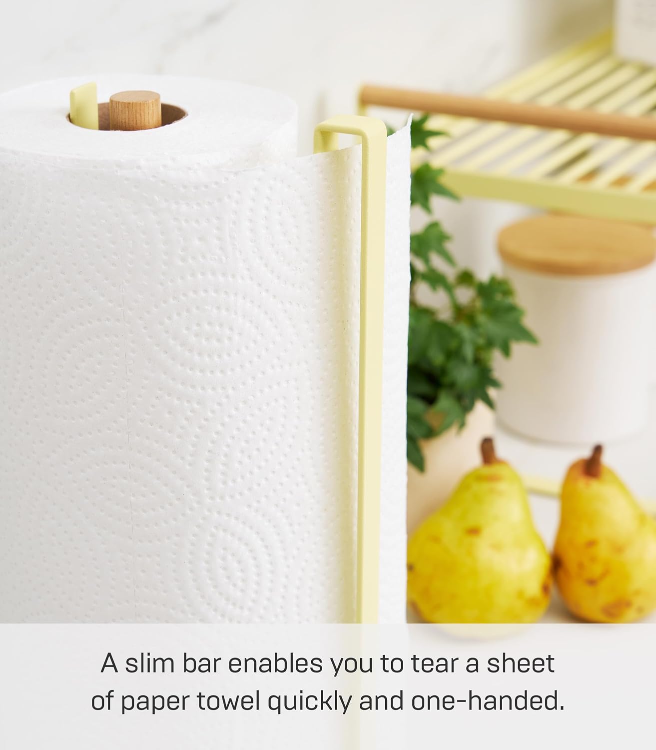 Yamazaki Home Tosca One-Handed Tear Paper Towel Holder - Kitchen Storage Rack - Steel + Wood