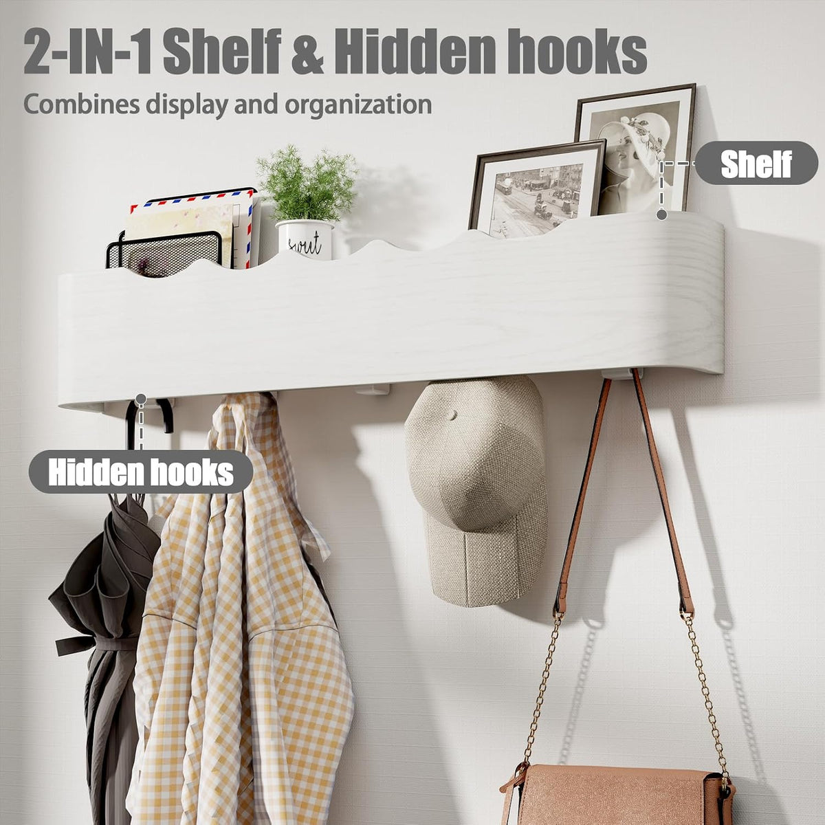 Coat Rack Wall Mount with Shelf 5 Hidden Hooks Modern Wooden Key Holder Entryway Organizer for Hallway Bedroom Bathroom