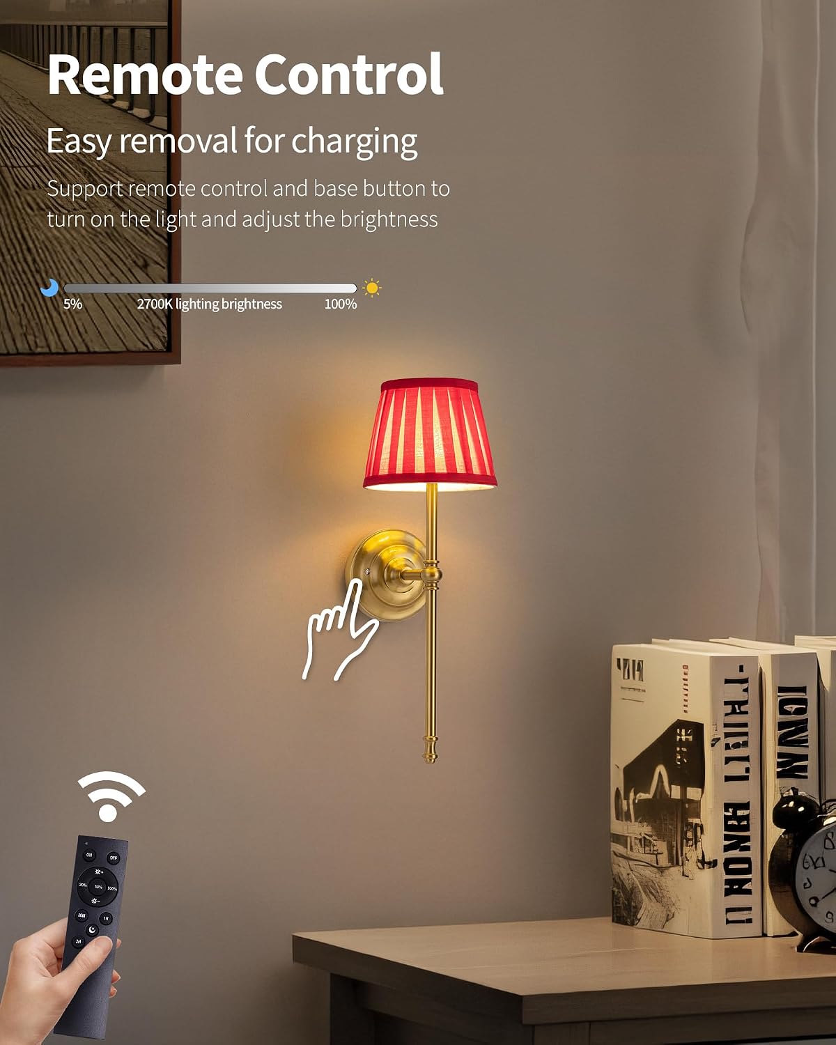 KDG Gold Cordless Wall Sconces Set of 2, Red Fabric LED Wall Lamps | Wireless Small Rechargeable Battery, Portable