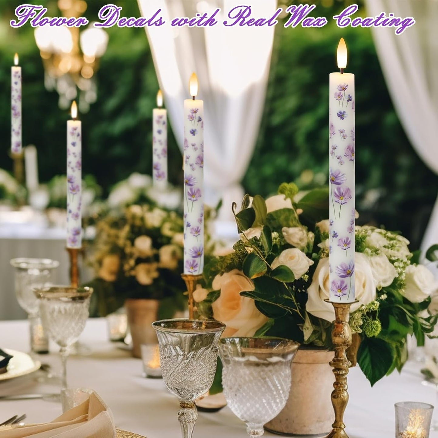 Flameless Taper Candles Flickering with Remote, Purple Floral | LED Taper Candles Flickering, Battery Operated