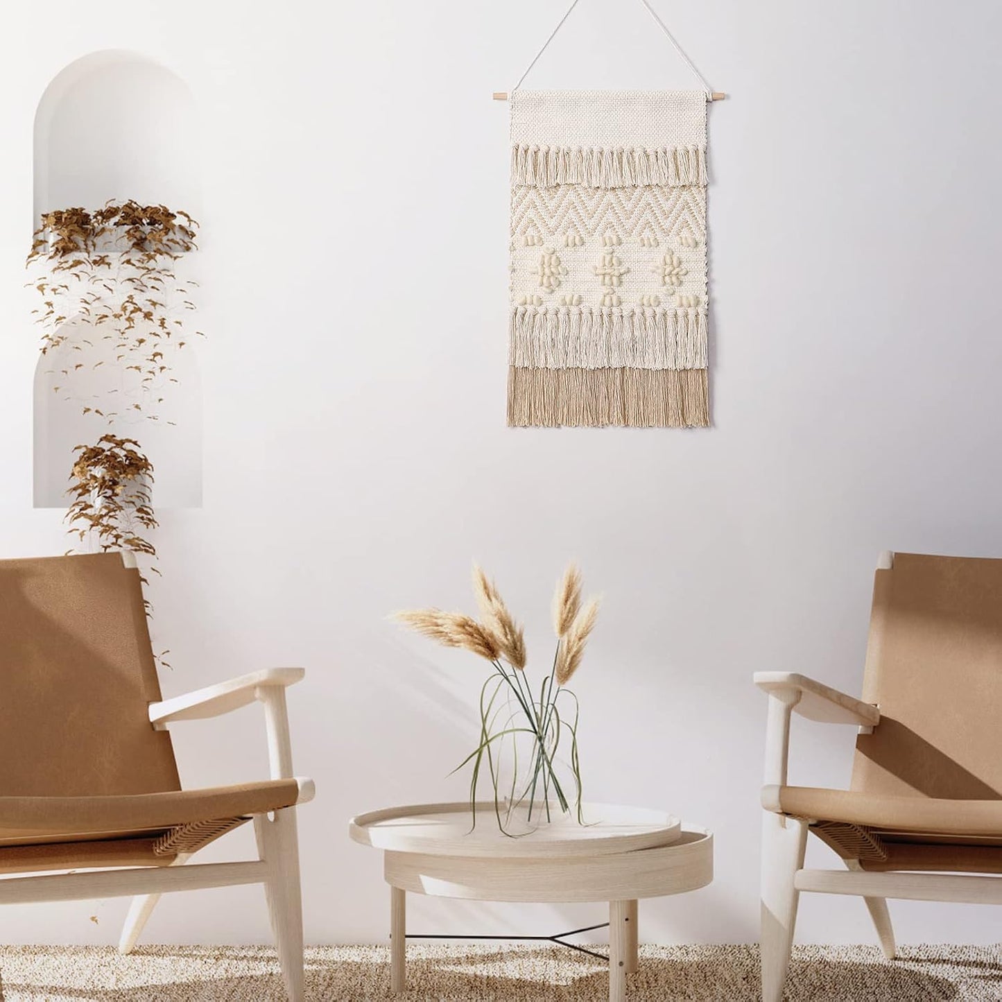 Macrame Woven Wall Hanging Home Decor Bohemian Beige Geometric Wave Art Decor / Beige Wool Ball