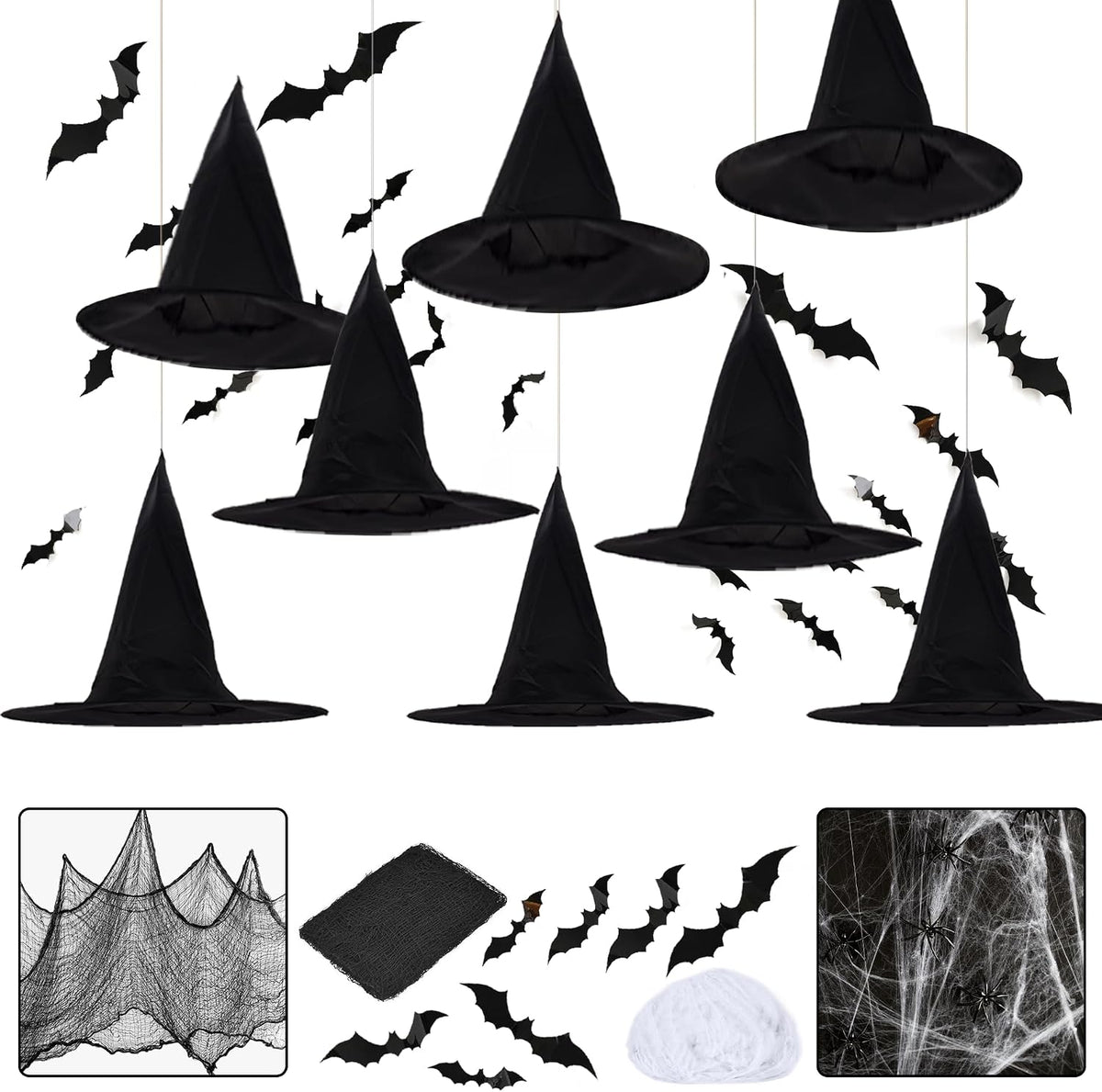 LINAYE Halloween Witches Hat XL Kit - 8 PCS Black Witch Hats with Hanging Rope,16 PCS 3D Bat,Spider Web,Creepy Cloth Halloween Hanging Decoration Decor Wizard Hats