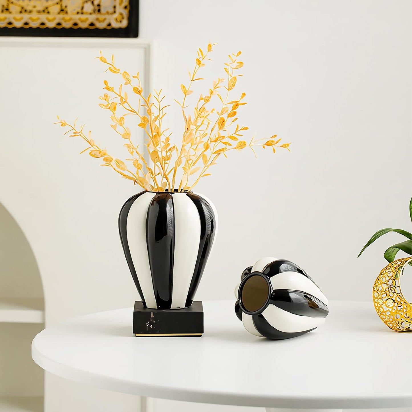 White Striped Ceramic Vase / Black