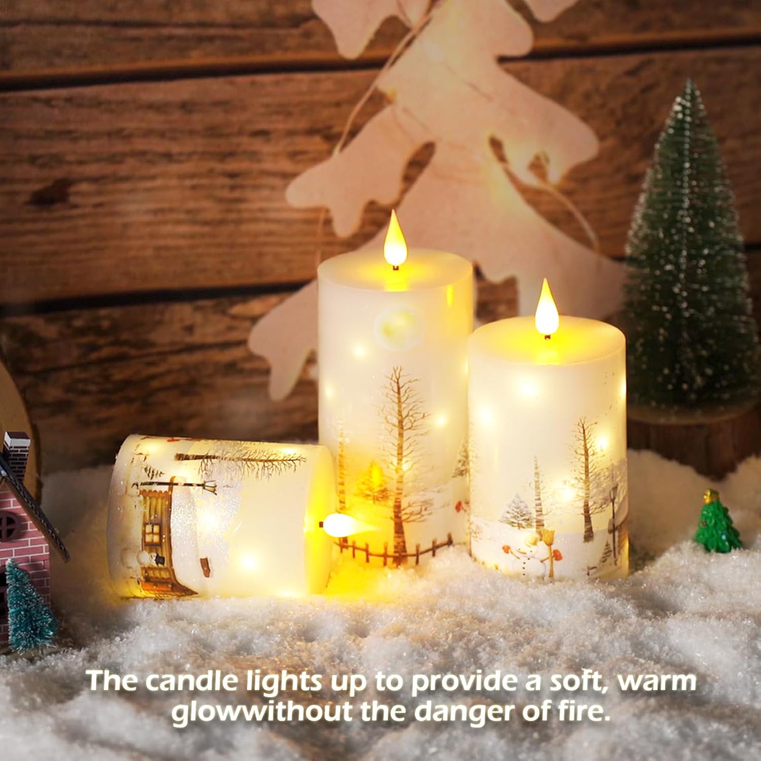 Christmas Flameless Candles with Remote - White LED Candles & String Lights, Battery Operated Set of 3 (D3 x H4/5"/6")