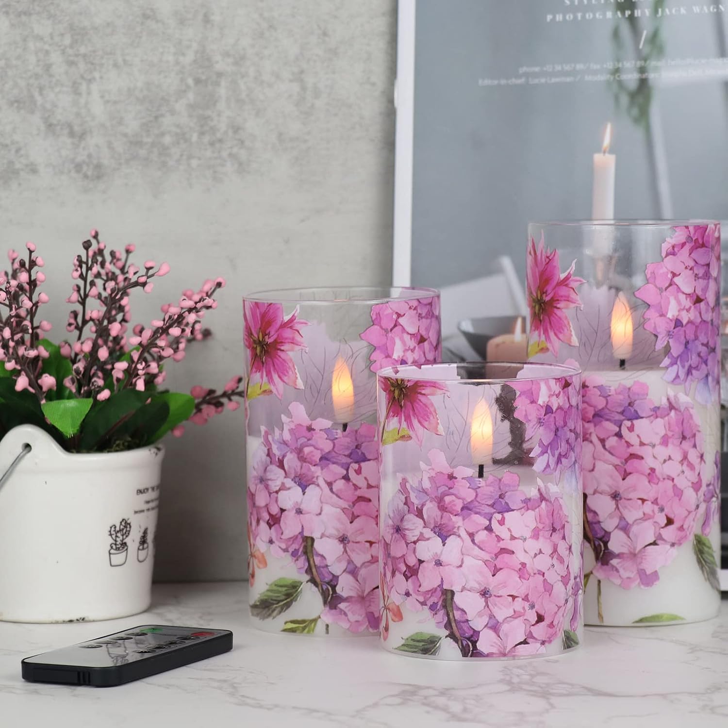 Red Hydrangea Glass Flameless Candles with Remote and Timer | Batttery Operated LED Pillar Candle Flickering, Real Wax