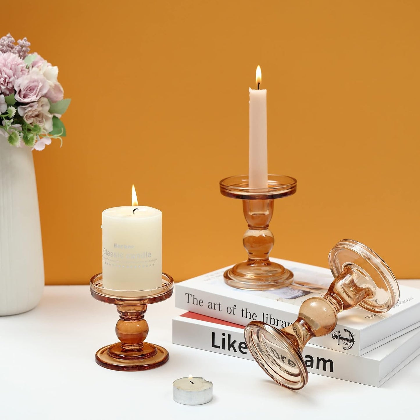 GMWD 3 Pcs Glass Candle Holder Set Clear, Amber Candlesticks Holders Pillar Taper Candles Tealight Stand for Wedding
