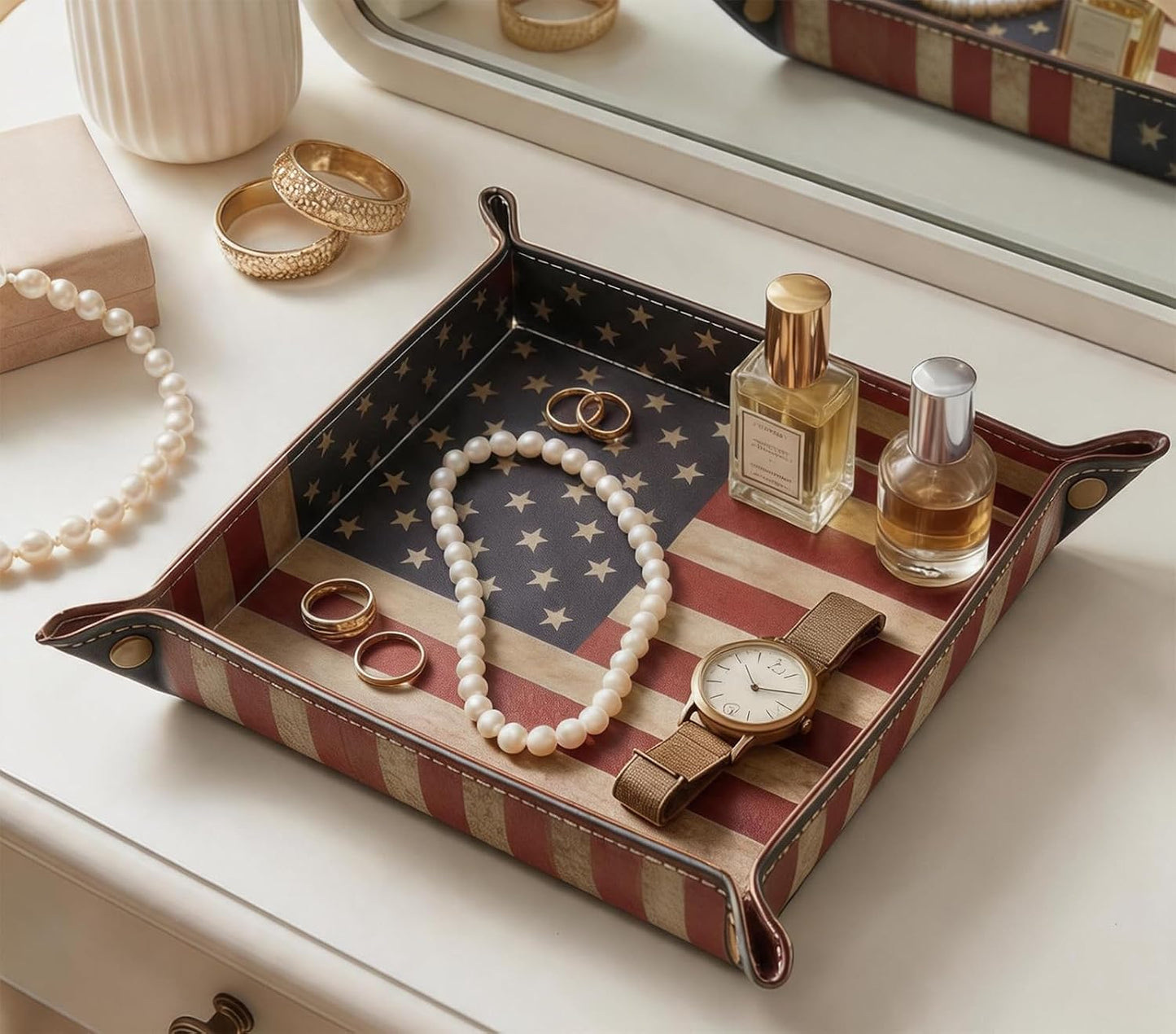 Vegan Leather Catchall Bedside Vanity Tray Nightstand Caddy Holder for Remote / Flag Design