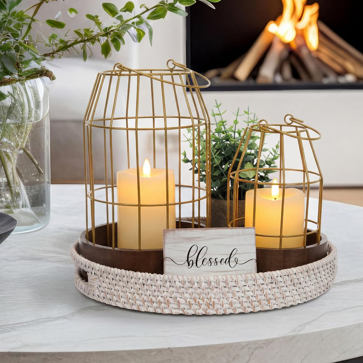 Modern Rustic Farmhouse Candle Lantern Set of 5, Large, Gold, Burlywood | Decorative Lanterns Centerpieces with Tray