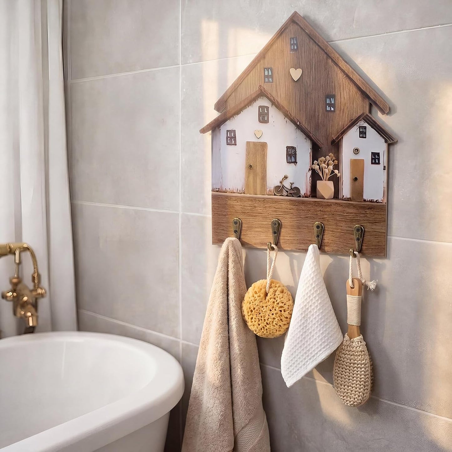 Wooden Key Holder / Key Hanger Purse Organizer Decorative Wall Hooks House Shaped Boho Decorative