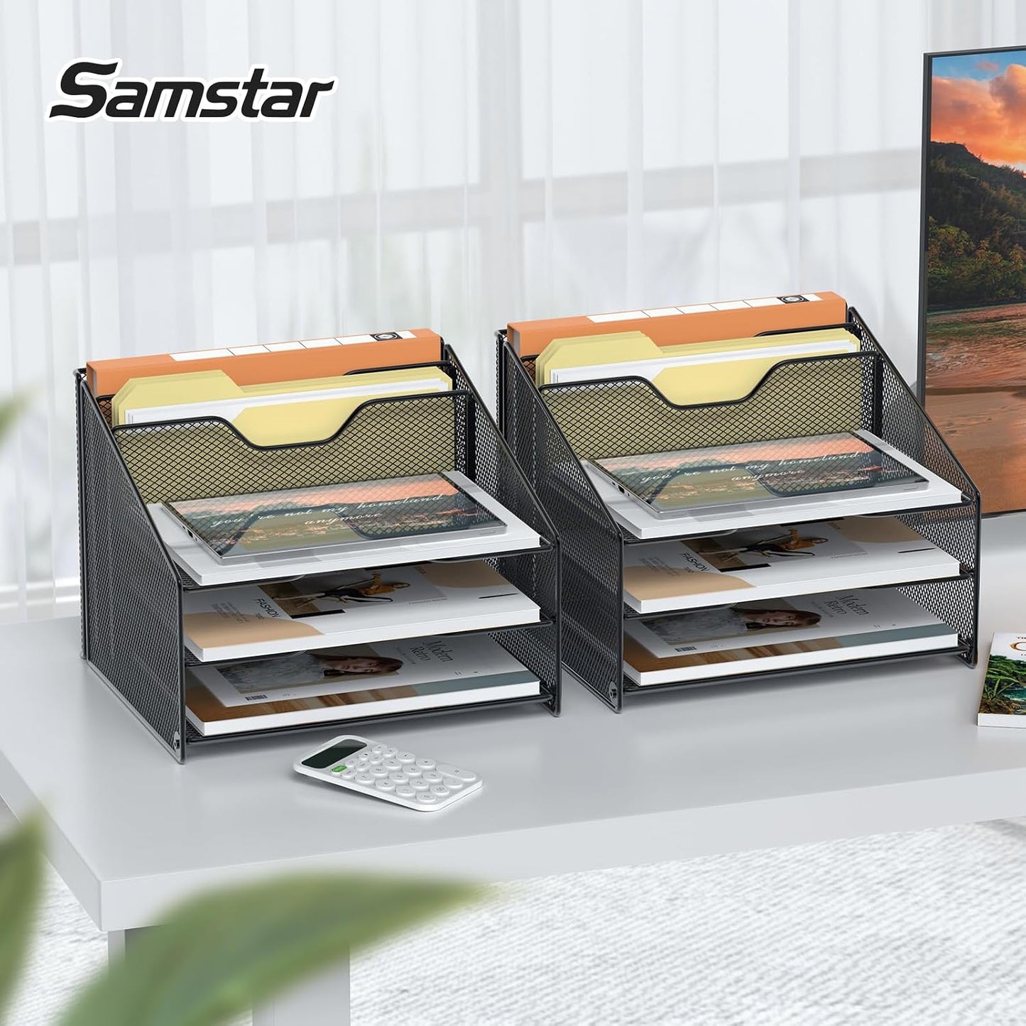 Samstar 2 Pack Mesh Desk File Organizer Letter Tray Holder, Desktop File Folder Holder with 3 Paper Trays and 2