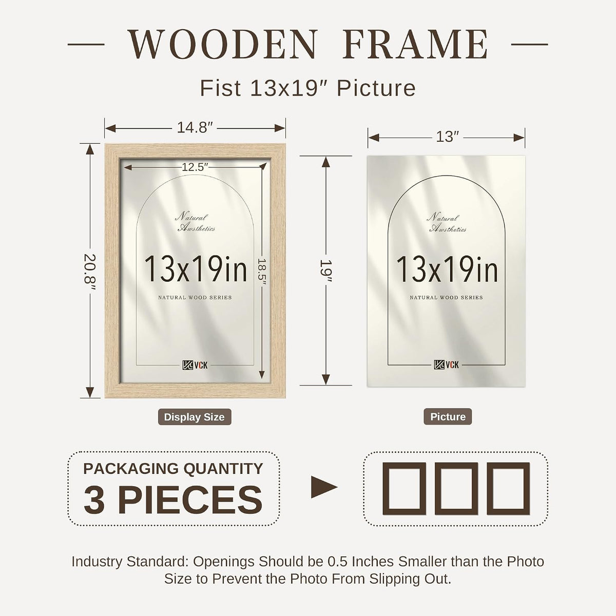 VCK 13x19 Picture Frame Set of 3, Natural Oak Woodgrain, Wall Hanging | Wide Border, Exclusive Woodgrain, Shatterproof