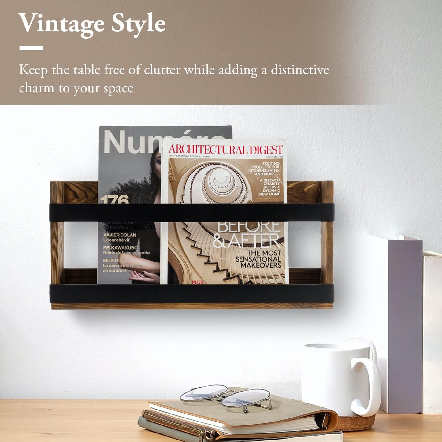 MyGift Burnt Solid Wood Industrial Matte Black Metal Magazine Rack | Double Wide Design, Versatile Placement, Easy