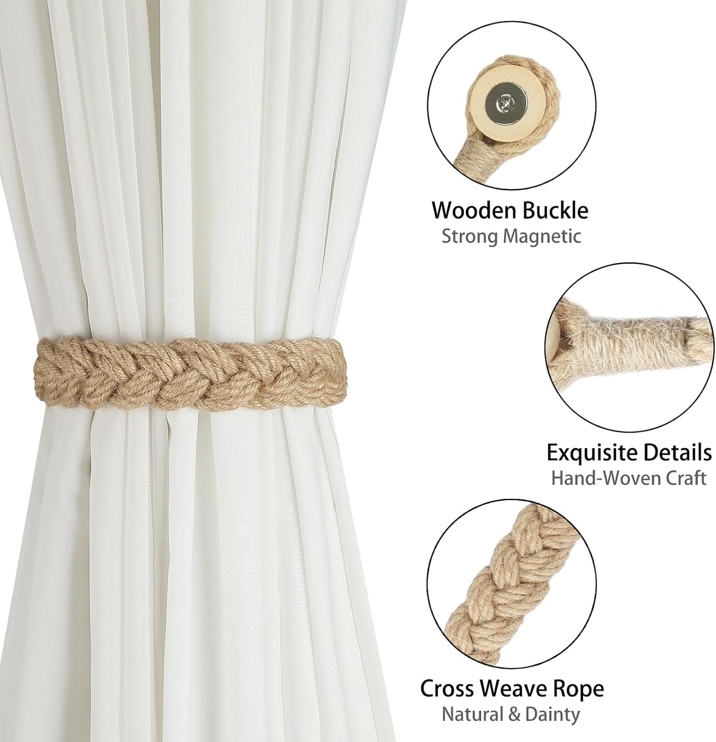 BEL AVENIR Jute Curtain Tiebacks Magnetic 4 Pack Woven Drapery Holdback | Handmade Curtain Ties, No Drill, for Outdoor