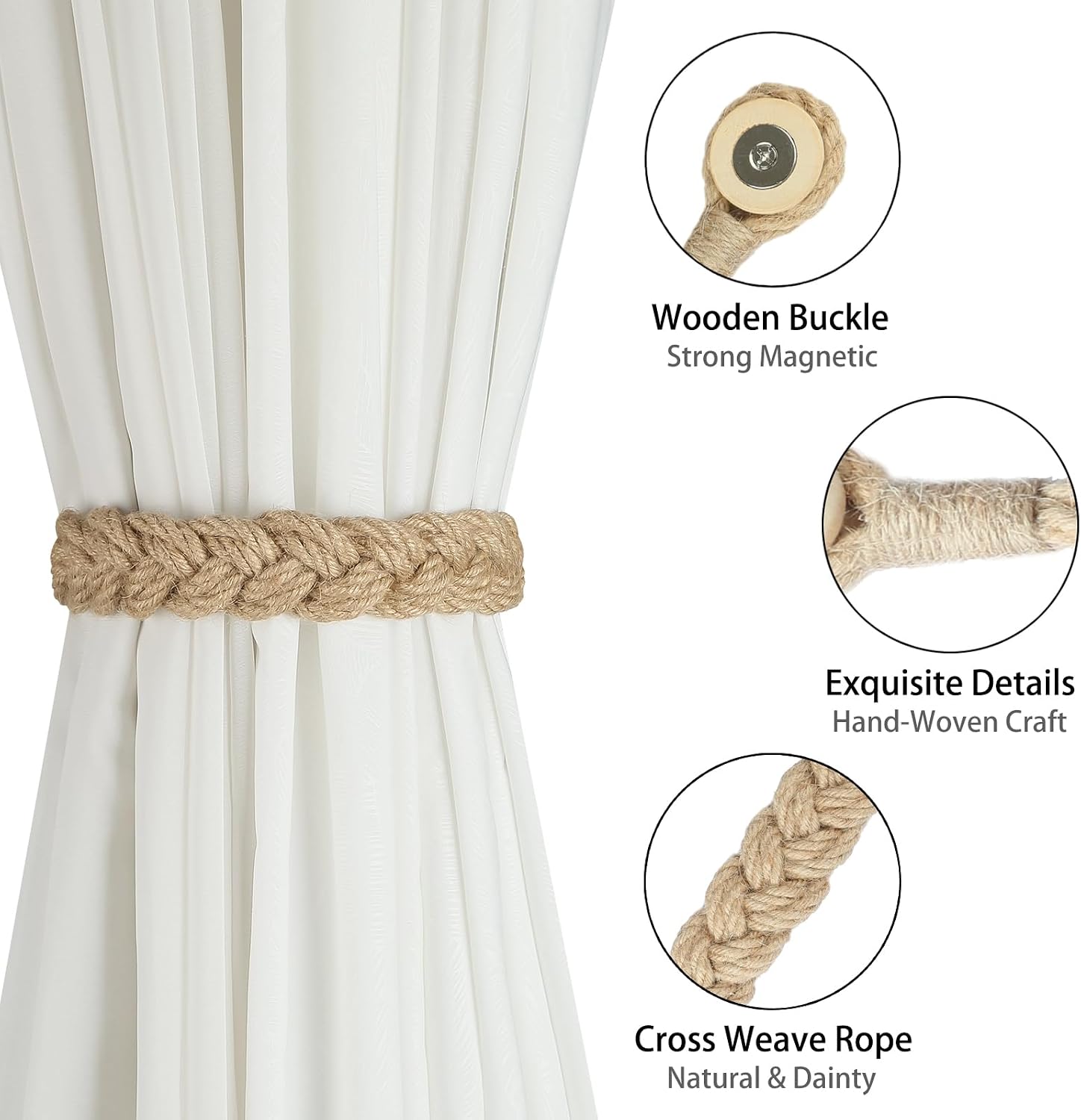 BEL AVENIR Jute Curtain Tiebacks Magnetic 4 Pack Woven Drapery Holdback | Handmade Curtain Ties, No Drill, for Outdoor
