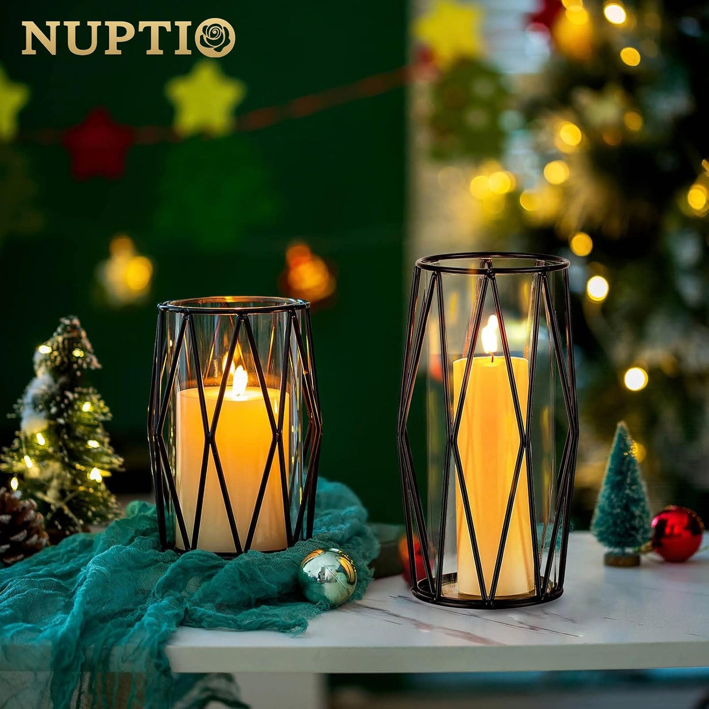 NUPTIO Black Geometric Hurricane Glass Candle Holders, Set of 2 | 2 Graduated Diamond Frames, Clear Cylinder Vases, for