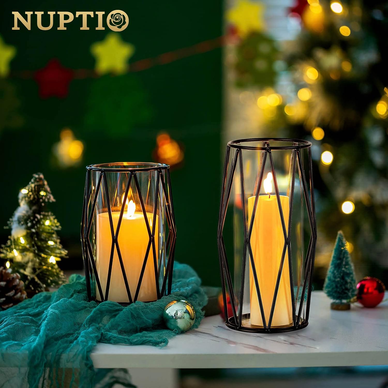 NUPTIO Black Geometric Hurricane Glass Candle Holders, Set of 2 | 2 Graduated Diamond Frames, Clear Cylinder Vases, for