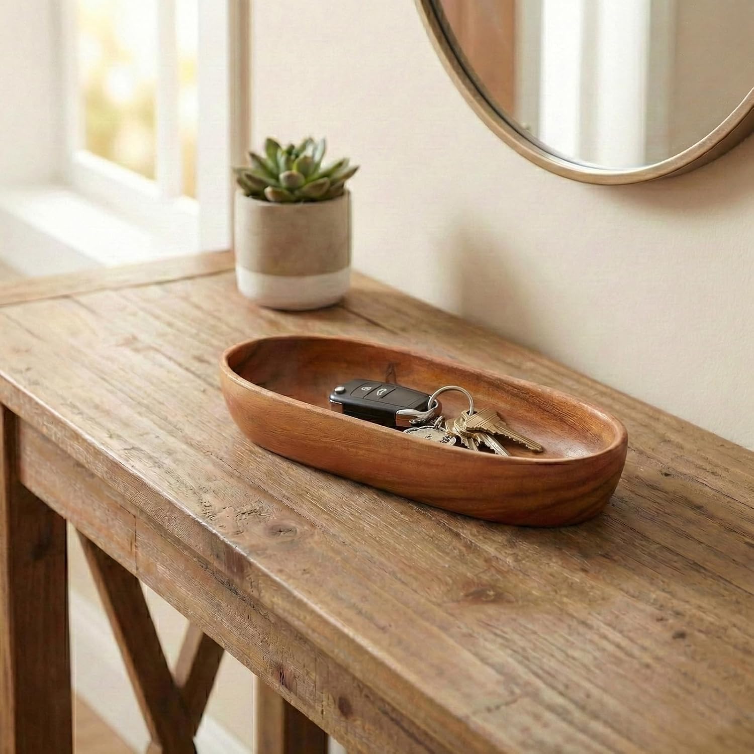 Wooden Oval Decorative Bowl Handcrafted Boat Shaped Tray Catchall for Keys Candy / 10 x 3.4 x 1.8