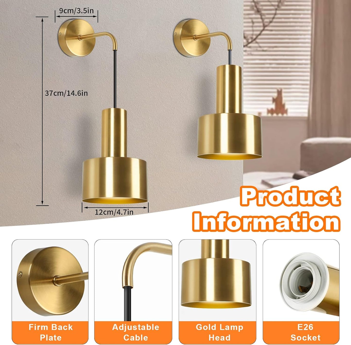 Gold Wireless Battery Operated Wall Sconces Set of 2 with Remote Control | Dimmable Wall Lamp with 3000K-6000K