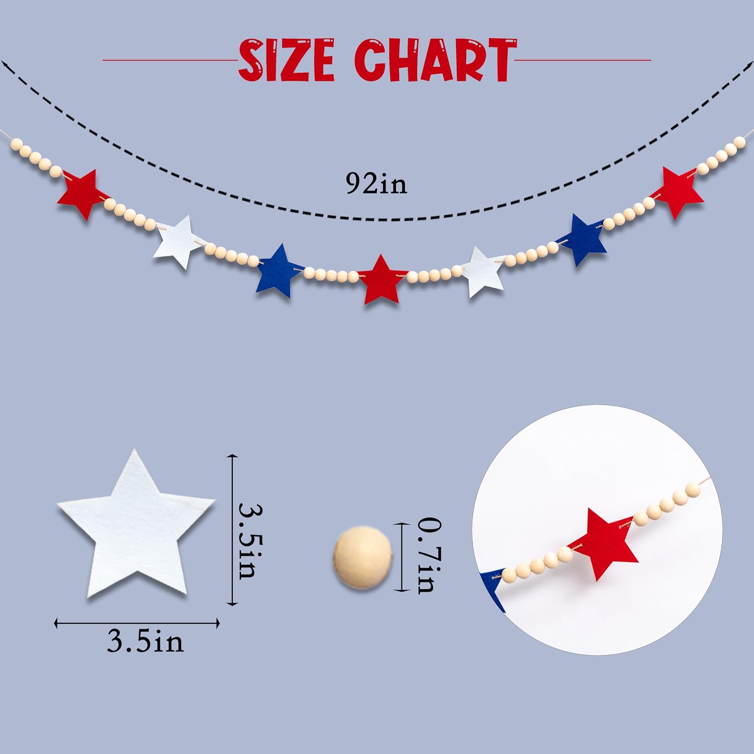 Wood Bead Garland for Mantel Red White Blue Felt Stars / 4th July Banner Red
